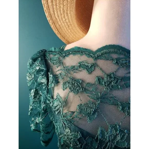 Women's vintage 1980s emerald green lace midi dress cocktail formal size small - Picture 3 of 6